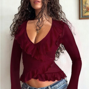 Ruffled Tie Front V Neck Cinched Asymmetric Long Sleeve Tee