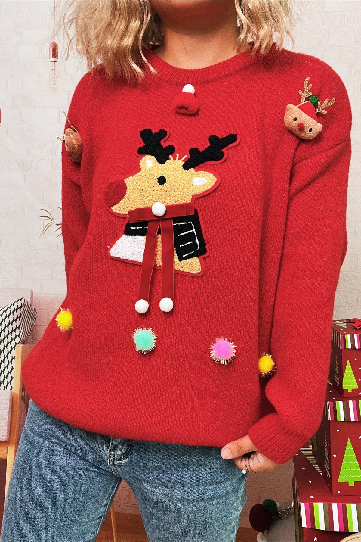 Cartoon Deer Knit Crew Patchwork Sweater